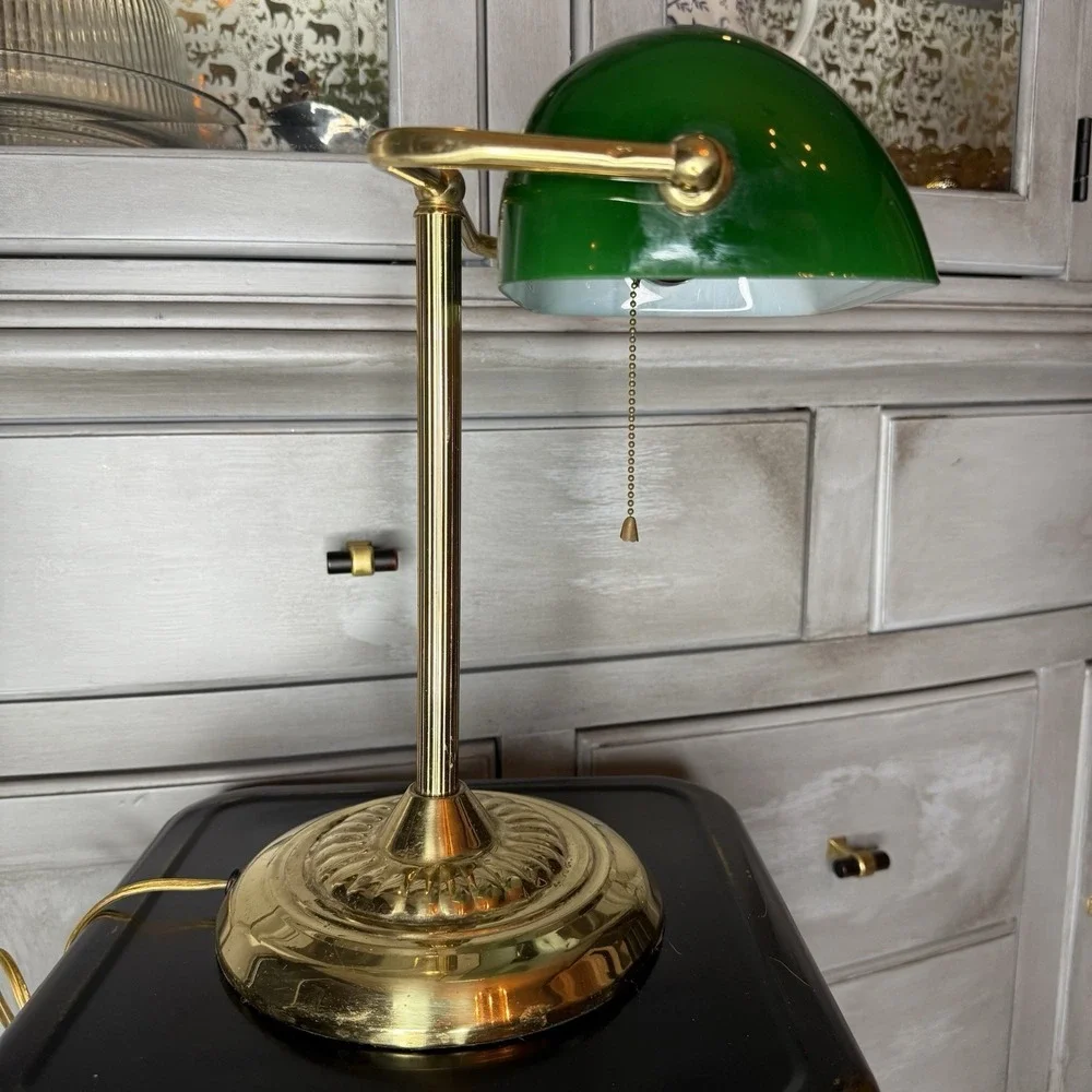 Vintage Bankers Desk Lamp Emerald Green Glass Shade and Column Underwriters Lab